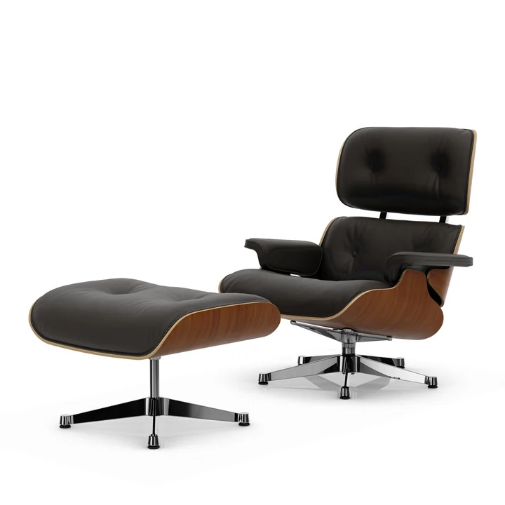 Vitra - Lounge Chair & Ottoman, poli, noyer naturel, cuir Premium F, chocolat