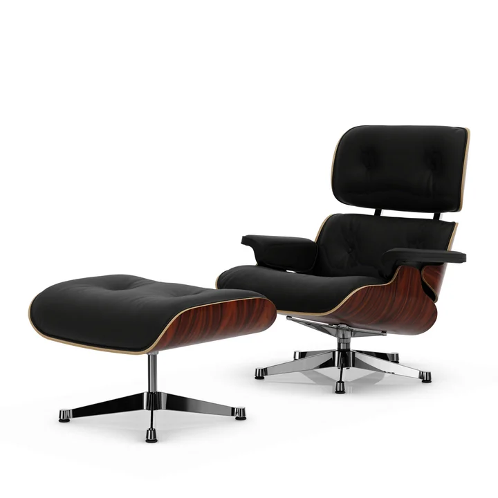 Vitra - Lounge Chair & Ottoman, poli, palissandre de Santos, cuir Premium F nero