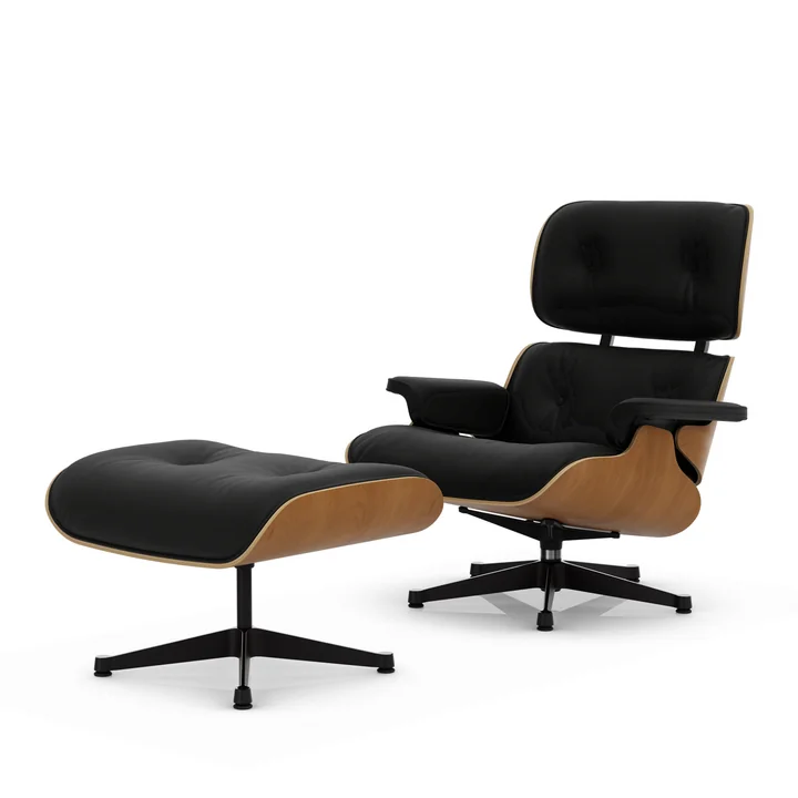 Vitra - Lounge Chair & Ottoman, noir / poli, cerisier naturel, cuir Premium F, nero
