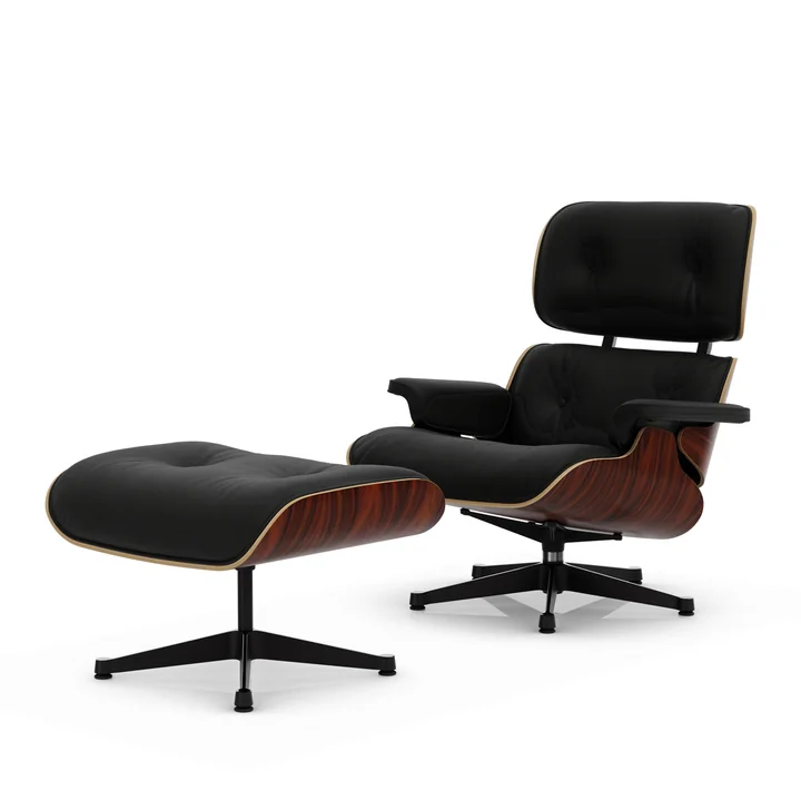 Vitra - Lounge Chair & Ottoman, noir / poli, palissandre de Santos, cuir Premium F, nero
