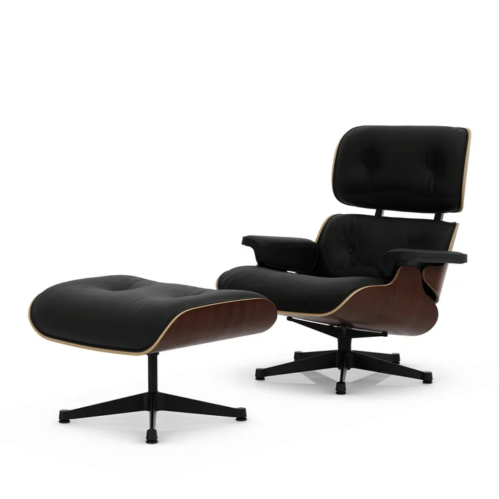 Vitra - Lounge Chair & Ottoman, noir, noyer foncé, cuir Premium F, nero