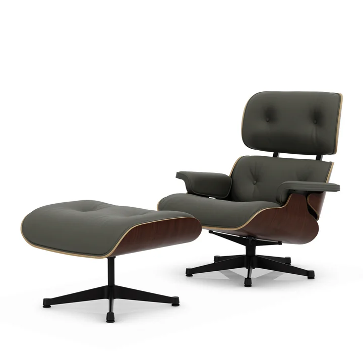 Vitra - Lounge Chair & Ottoman, noir, noyer foncé, cuir Premium F, gris umbra