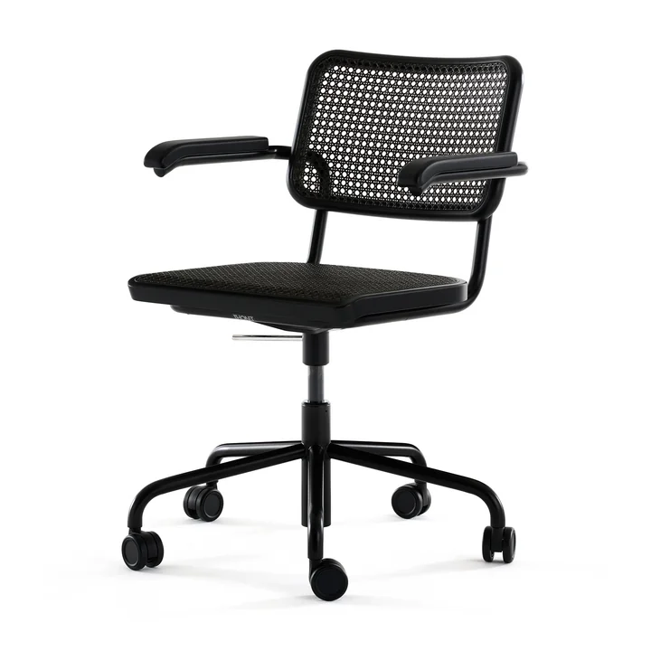 Thonet - S 64 VDR Fauteuil pivotant, chrome / hêtre teinté noir (TP 29) / cannage avec tissu de soutien synthétique dark melange