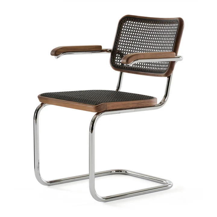 Thonet - S 64 V Chaise avec accoudoirs, chrome / noyer / cannage avec tissu de soutien en plastique dark melange