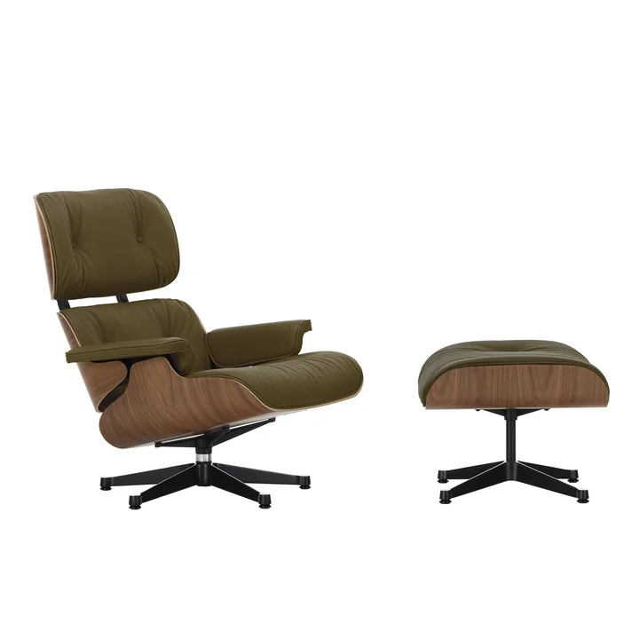 Vitra-Lounge-Chair-und-Ottoman-schwarz-poliert-Nussbaum-natur-Leder-Premium-F-khaki