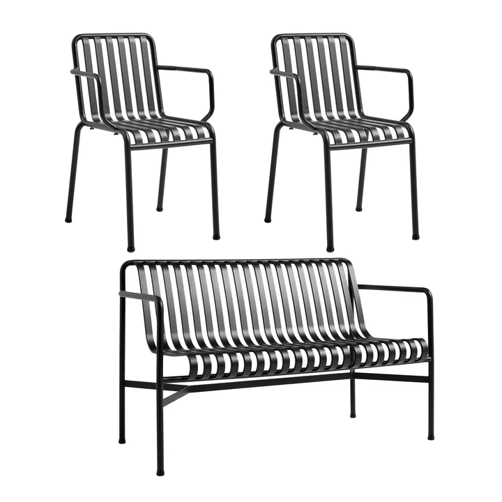 HAY - Palissade Dining Bench + 2x chaise avec accoudoirs, anthracite