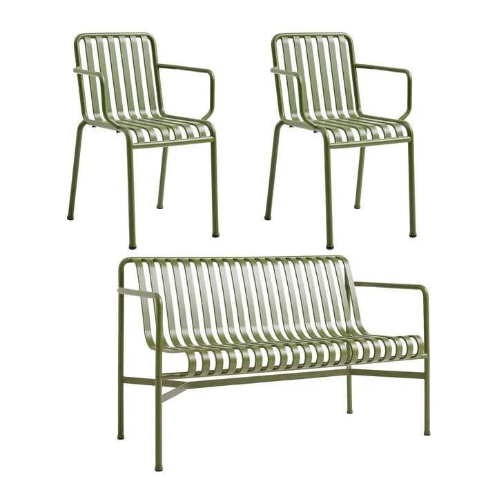 HAY - Palissade Dining Bench + 2x chaise avec accoudoirs, olive
