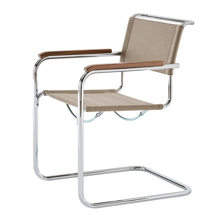 Thonet - S 34 V Chaise avec accoudoirs, chrome / gris jaune (tissu Gabriel Nobel) / accoudoirs noyer huilé