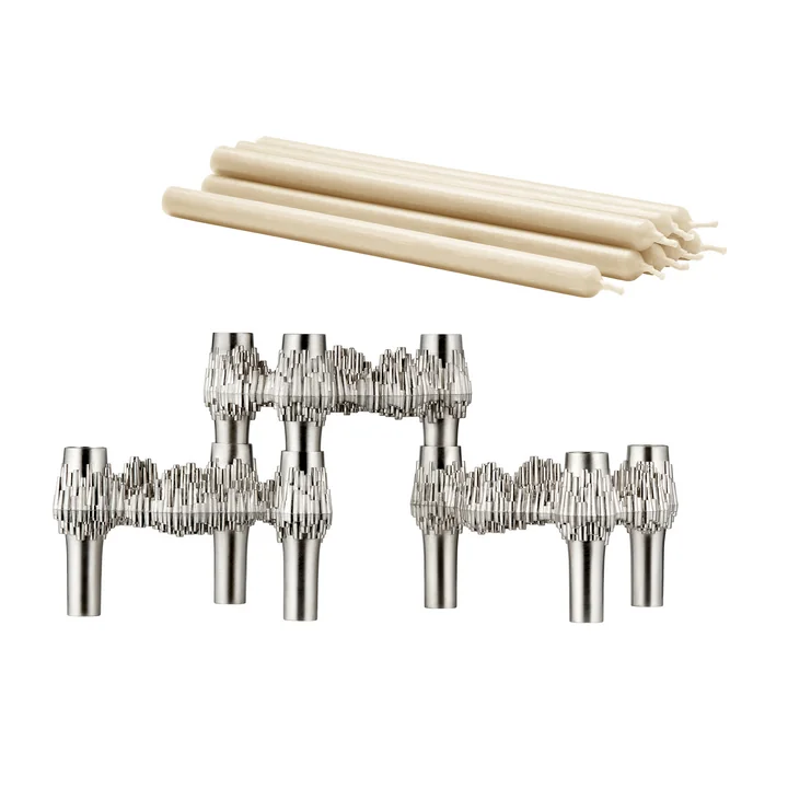 Stoff-Nagel-Quist-Kerzenhalter-und-Paraffin-Kerzen-Chrom-gebuerstet-creme