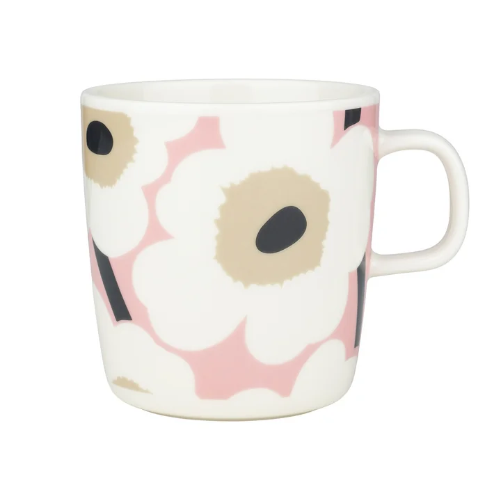 Marimekko - Oiva Unikko Gobelet avec anse, 400 ml, blanc cassé / rose / sable / charcoal