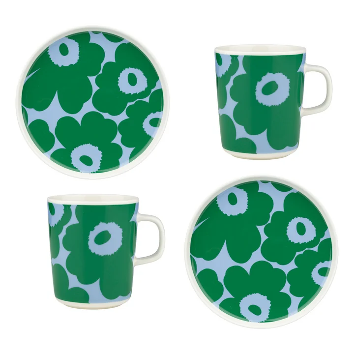 Marimekko - Oiva Unikko Set de petit déjeuner, blanc / vert / bleu clair (4 pièces)