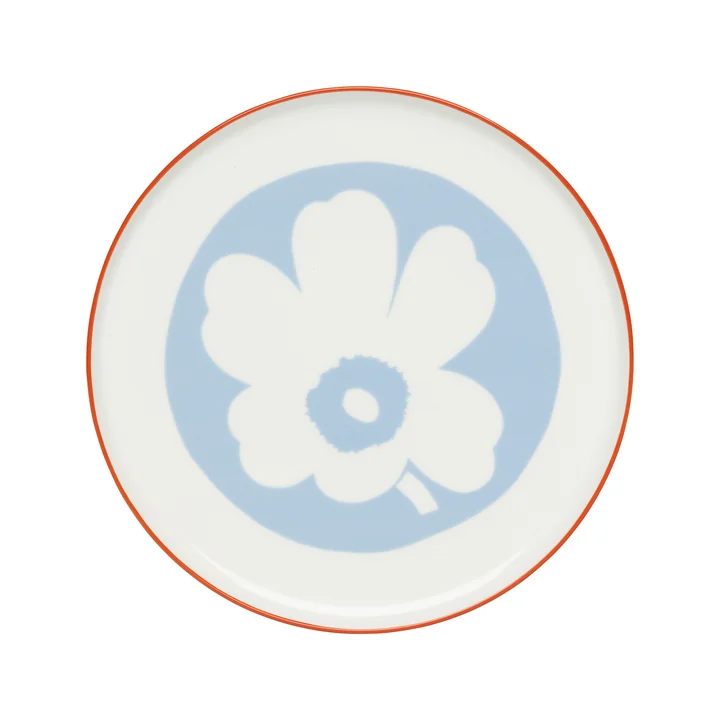 Marimekko - Oiva Unikko Plateau de service avec pied, Ø 24 cm, blanc / bleu clair / orange