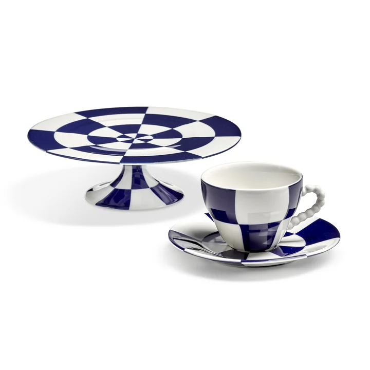 Serax - Fête des Bêtes Tasse et soucoupe avec support à gâteau, bleu / blanc