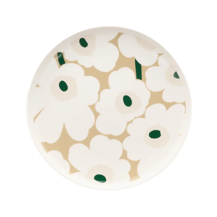 Marimekko - Assiette Oiva Iso Unikko, Ø 25 cm, blanc / beige / sable clair / vert foncé