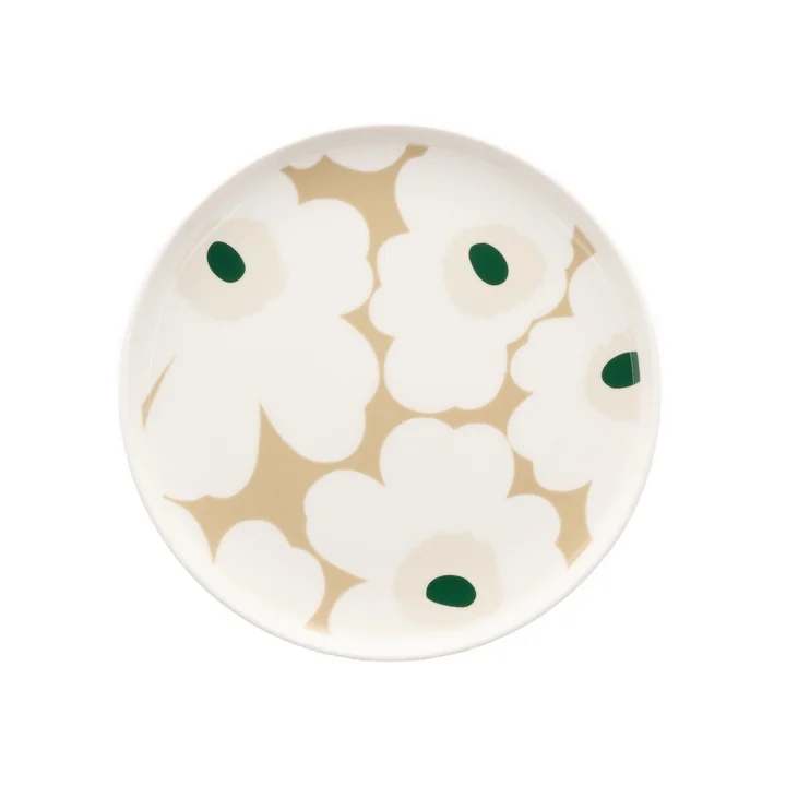 Marimekko - Assiette « Oiva Unikko », Ø 20 cm, blanc / beige / sable clair / vert foncé