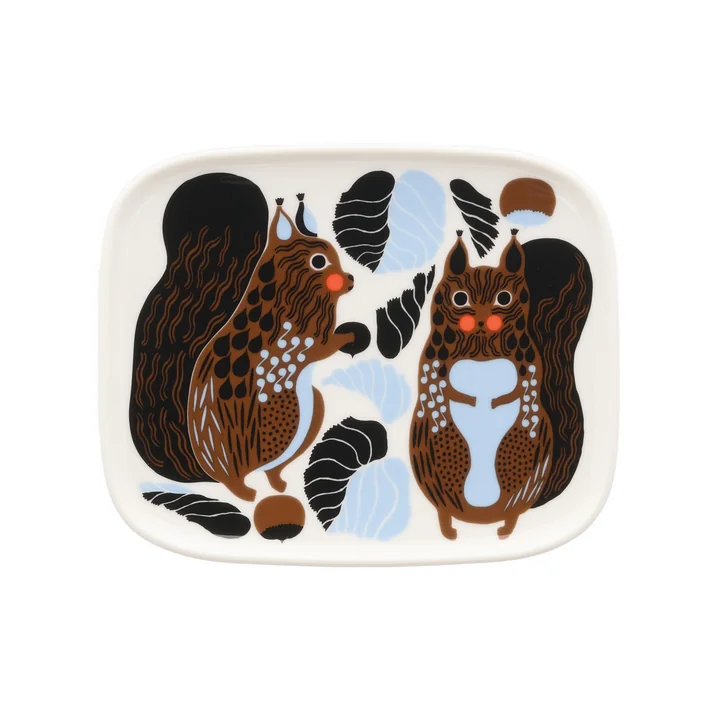 Marimekko - Assiette « Oiva Kurre », 15 x 12 cm, blanc / marron / noir / bleu clair