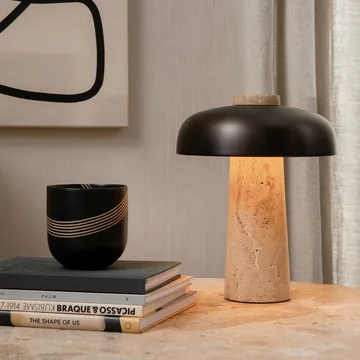 Audo - Reverse LED Lampe de table avec accu, Ø 24,5 x H 19,6 cm, laiton bruni / pierre de travertin