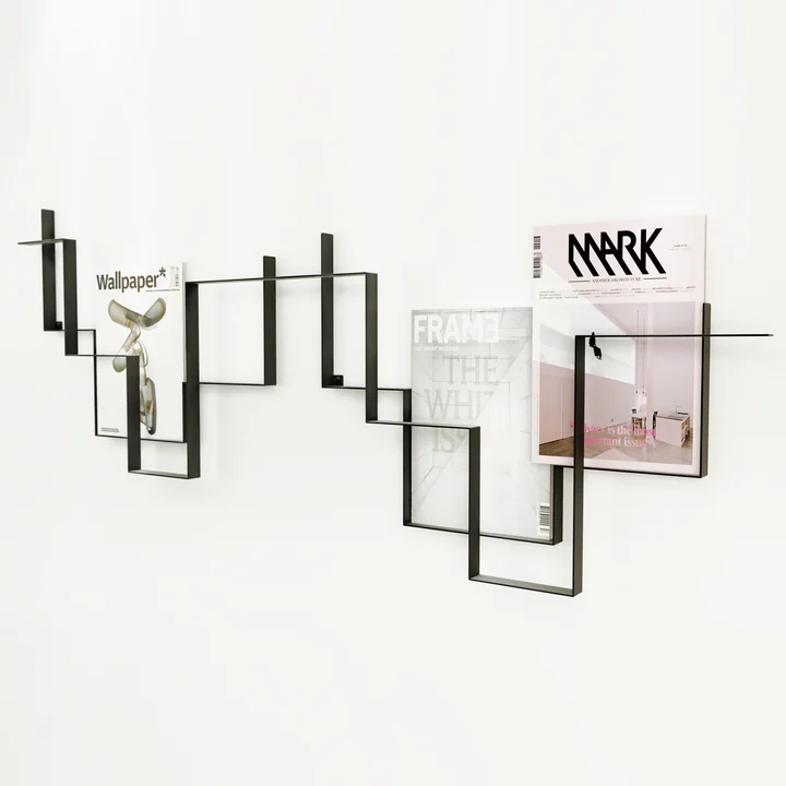 Deux des porte-revues Guidelines en gris foncé sur le mur