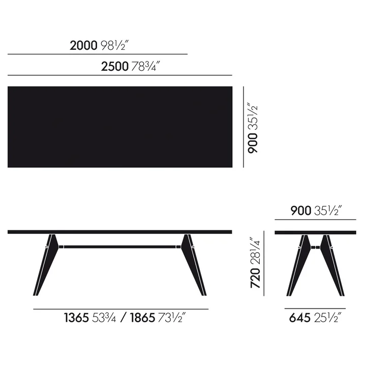 Les dimensions de la Em Table Table de salle à manger de Vitra Chêne