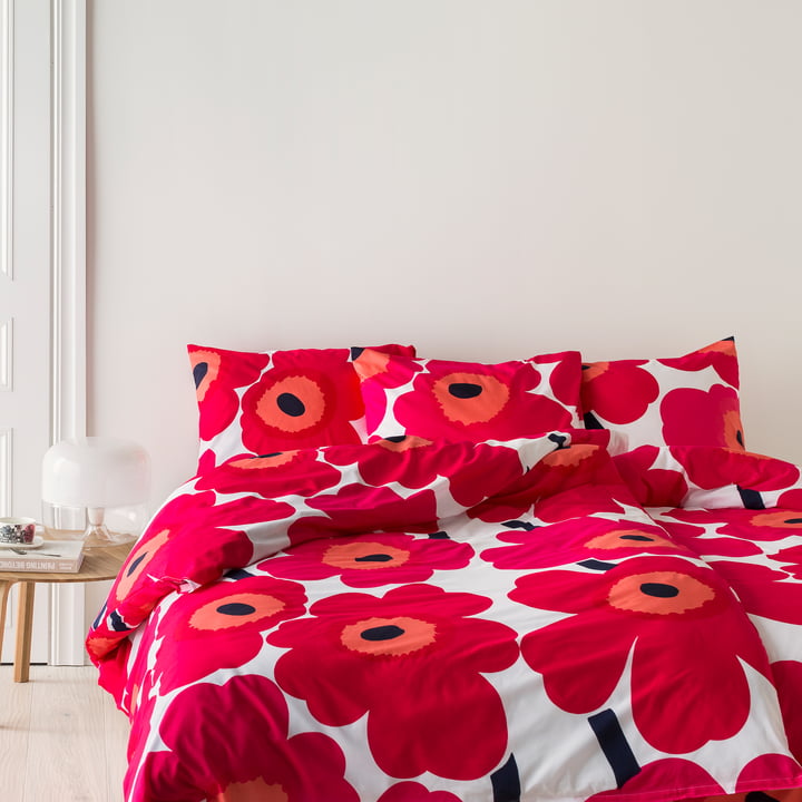 Unikko - Housse de couette et d'oreiller de Marimekko avec un motif floral rouge et blanc