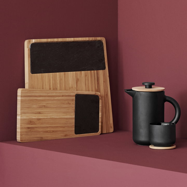 Planche de service Twin, Theo Cafetière et tasse à thé avec soucoupe de Stelton