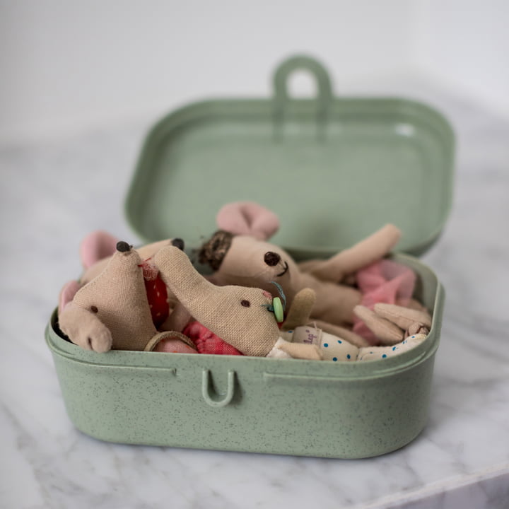 Pascal S Lunchbox in organic green de Koziol avec jouets