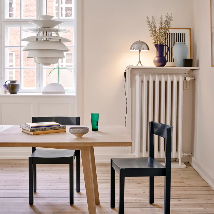 Les PH Snowball, blanc et Panthelle mini, chromé brillant de Louis Poulsen