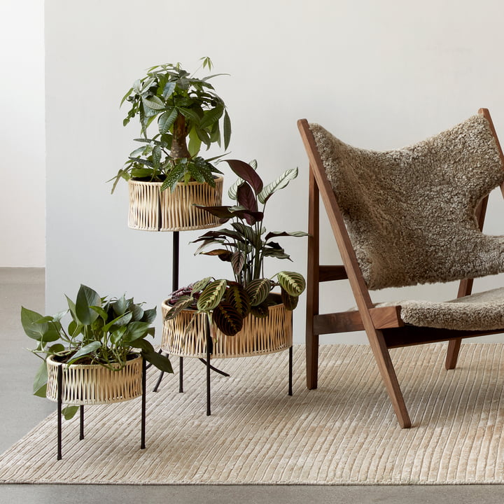 Les pots de plantes Umanoff, rotin / noir en combinaison avec la Knitting Chair, noix / Sheepskin Cork 19 et le tapis Houkime, beige de Audo .