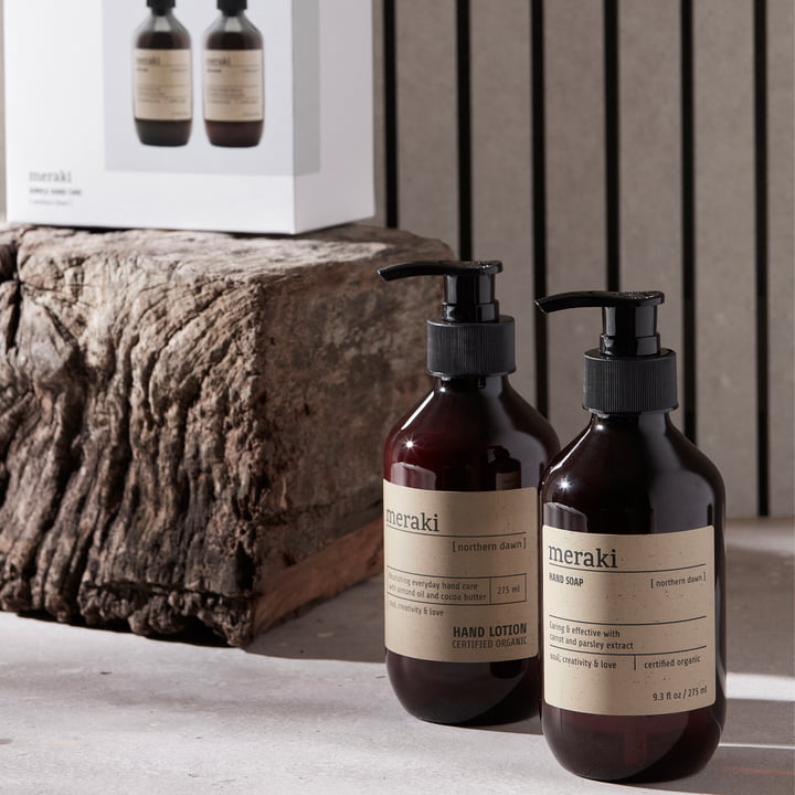Le savon pour les mains et la lotion pour les mains Northern Dawn du coffret cadeau de Meraki