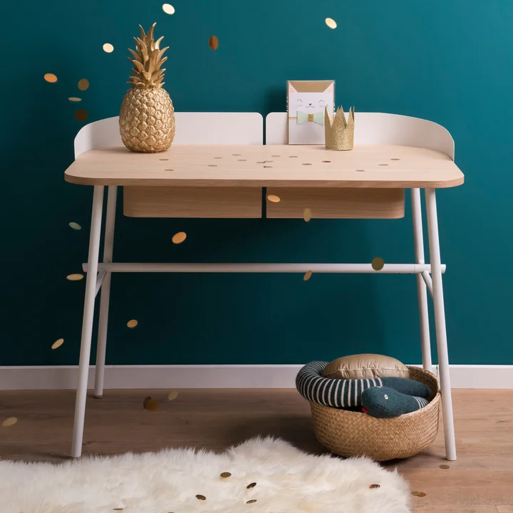 Victor Bureau L 100 cm, chêne naturel, métal blanc brillant de Hartô