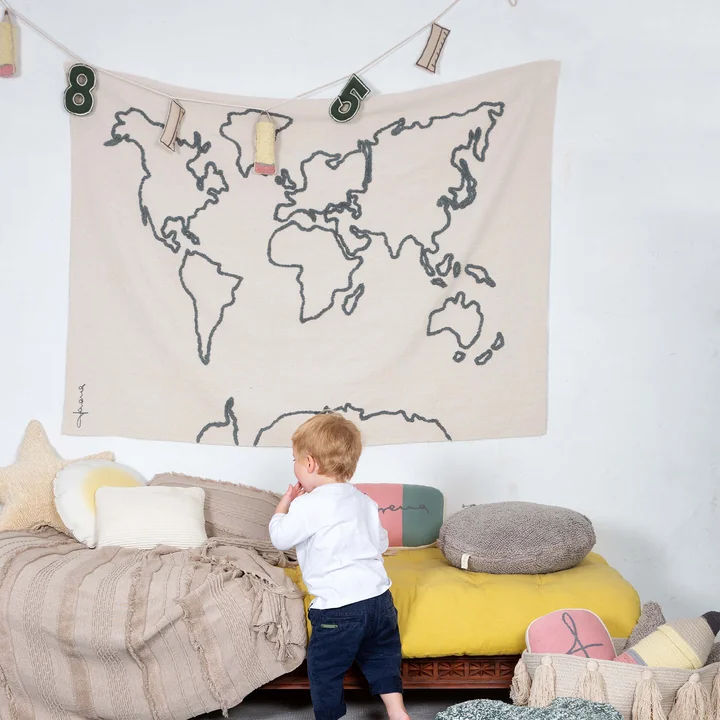 Tapisserie, carte du monde, 160 x 120 cm, naturel / noir de Lorena Canals