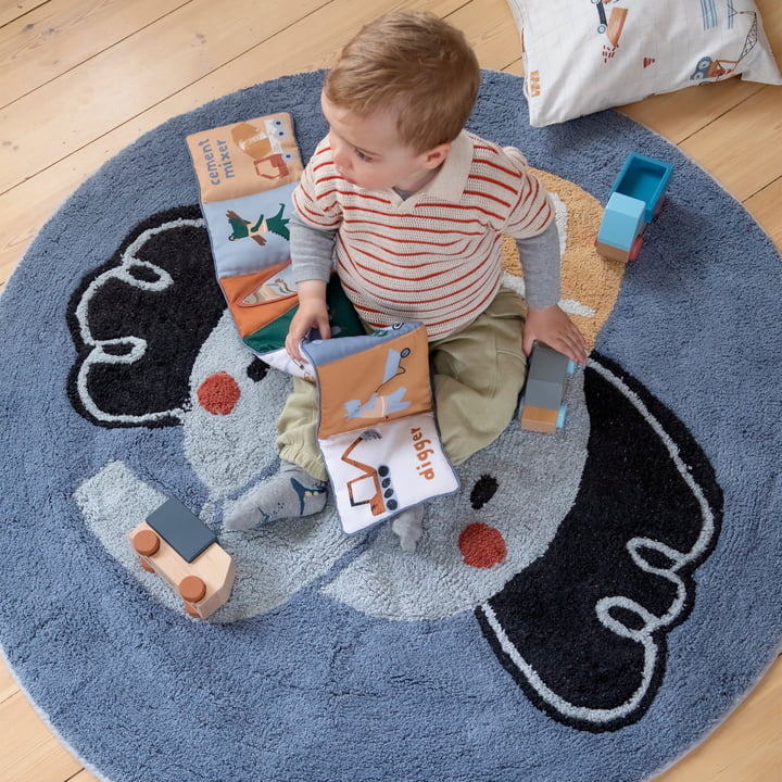 Sebra - Tapis pour enfants, Ø 120 cm, livre en tissu, Busy Builders