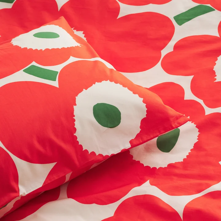 Unikko Taie d'oreiller, blanc cassé / orange / vert de Marimekko
