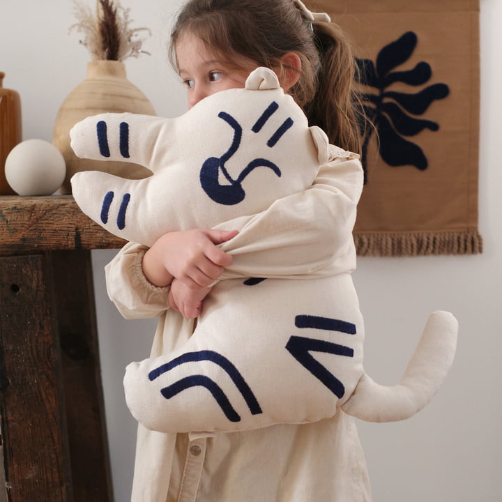 Nobodinoz - Coussin tigre, 40 x 32 cm, bleu / natural