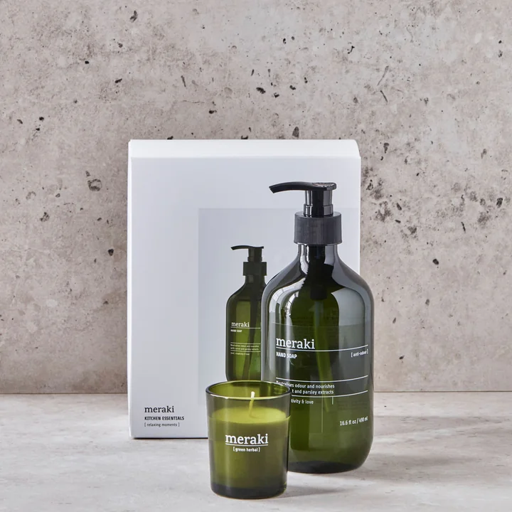 Meraki - Coffret cadeau cuisine, Kitchen essential Anti-Odour Savon pour les mains (490 ml) & Green herbal Kerry