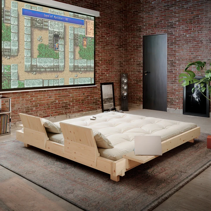 Karup Design - Social Lit avec dossier, 2 chevets et matelas, pin clair