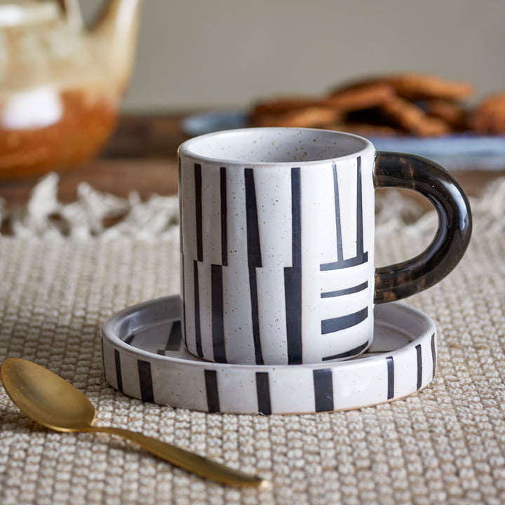 Bloomingville - Frankie Tasse avec soucoupe, noir / blanc (2pcs)
