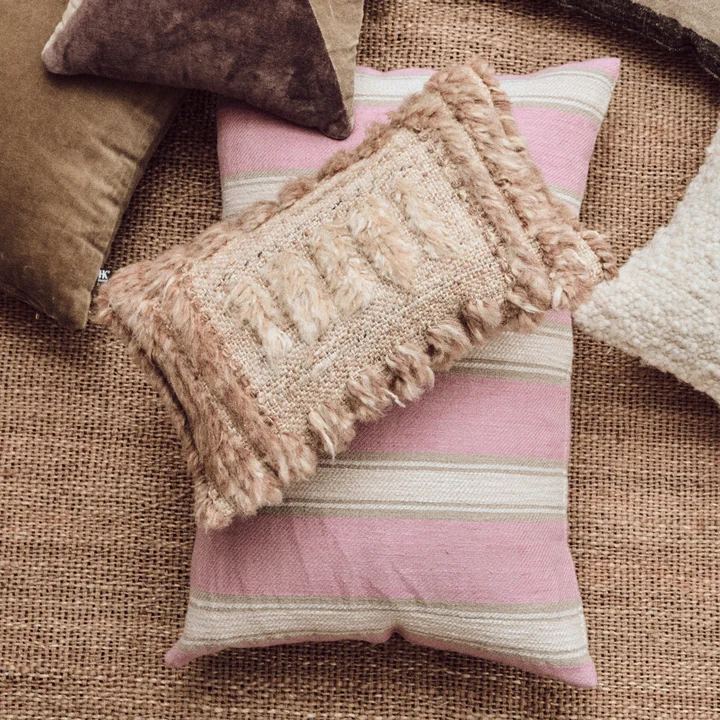 HKliving - Natural Coussin, furry / Woven Striped Coussin en lin, blush