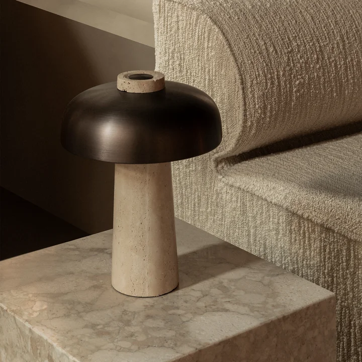 Audo - Reverse LED Lampe de table avec accu, Ø 24,5 x H 19,6 cm, laiton bruni / pierre de travertin