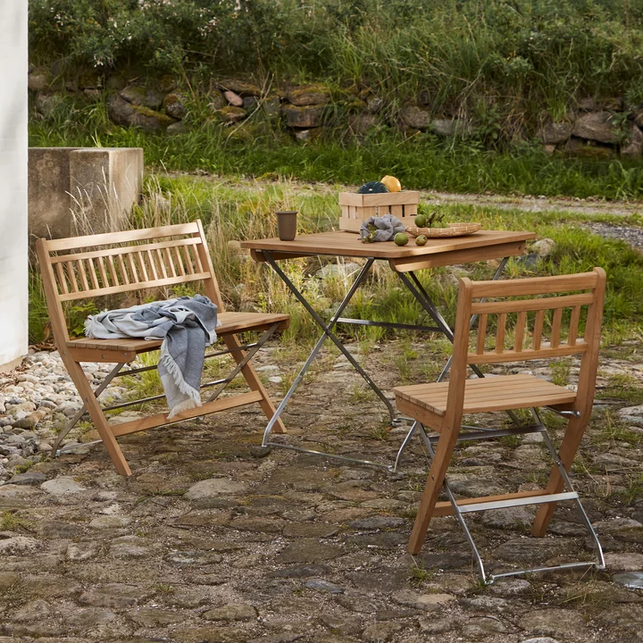 FDB Møbler - Lilleø Banc de jardin M24, table pliante M26 et chaise pliante M23, teck naturel huilé