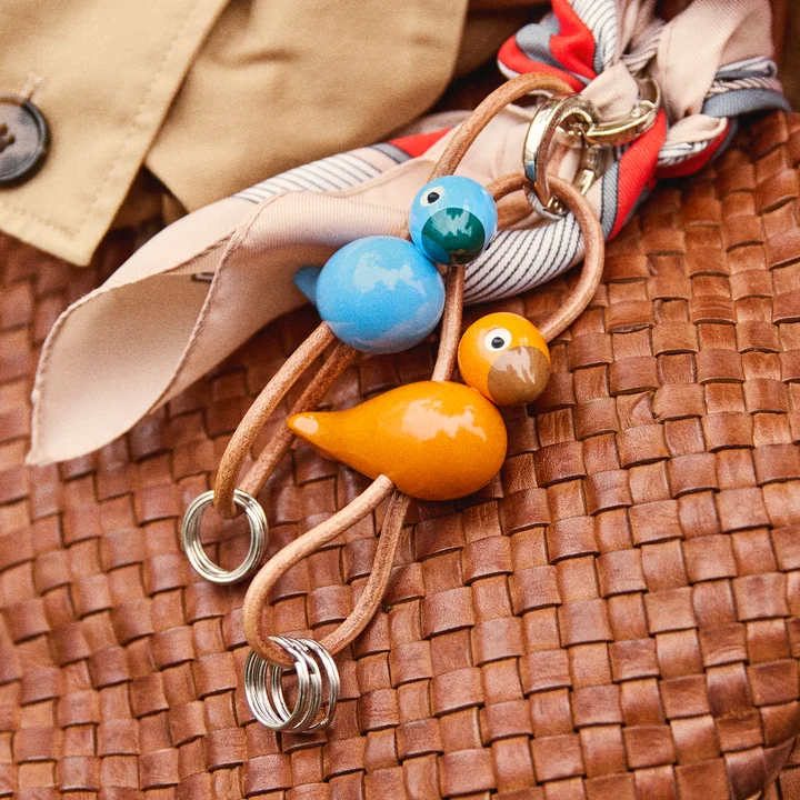 Kay Bojesen - Porte-clés oiseau, métal, cuir naturel bleu et orange