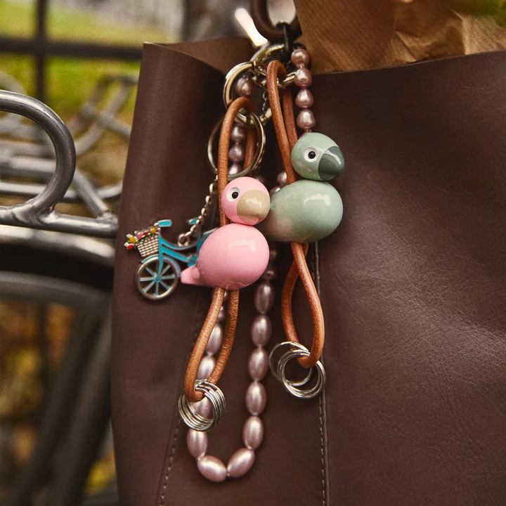 Kay Bojesen - Porte-clés oiseau, métal, cuir naturel rose et vert