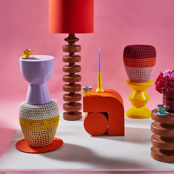 POLSPOTTEN - Dot Tabouret, rayé, blanc et corail