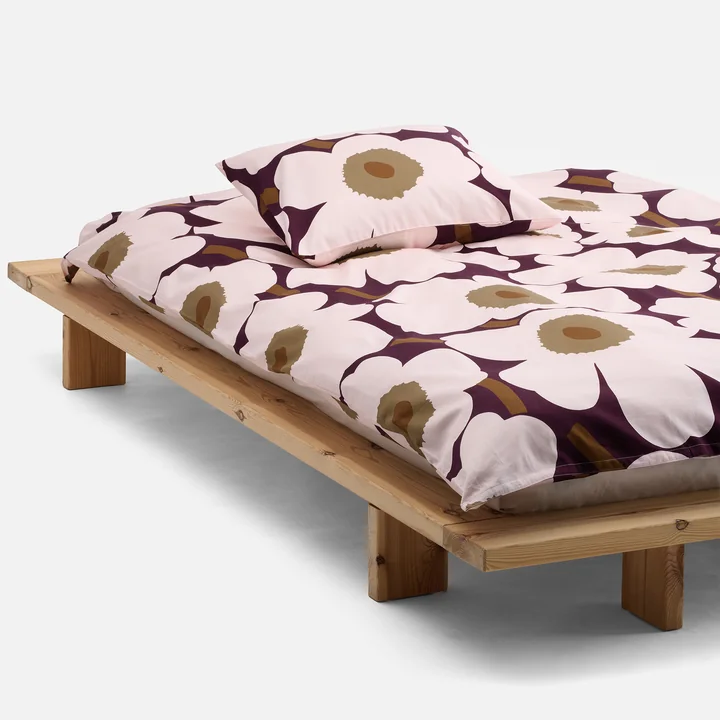 Marimekko - Unikko Taie d'oreiller et housse de couette en satin, plum / rose / elmwood / caramel