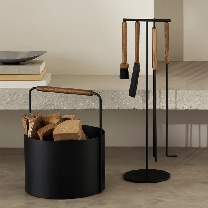 Blomus - Ensemble d'ustensiles de cheminée « Ashi », 3 pièces, chêne / marron