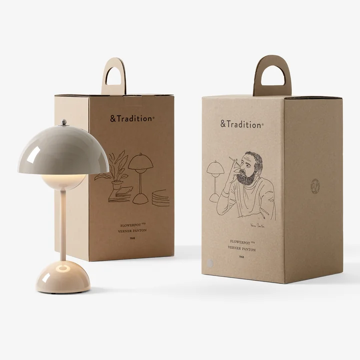 & Tradition - Lampe de table rechargeable VP9 « Flowerpot » avec câble de recharge magnétique, finition brillante, gris-beige
