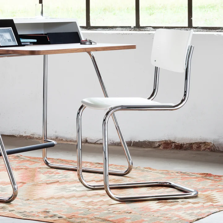 Thonet - S 43 Chaise à piètement luge, chrome / blanc lasuré TP 200