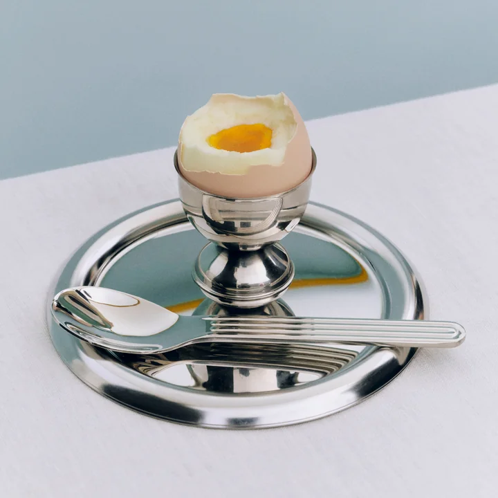 HAY - Plateau de service rond « Essential Steel », petit modèle, et coquetiers, en acier inoxydable