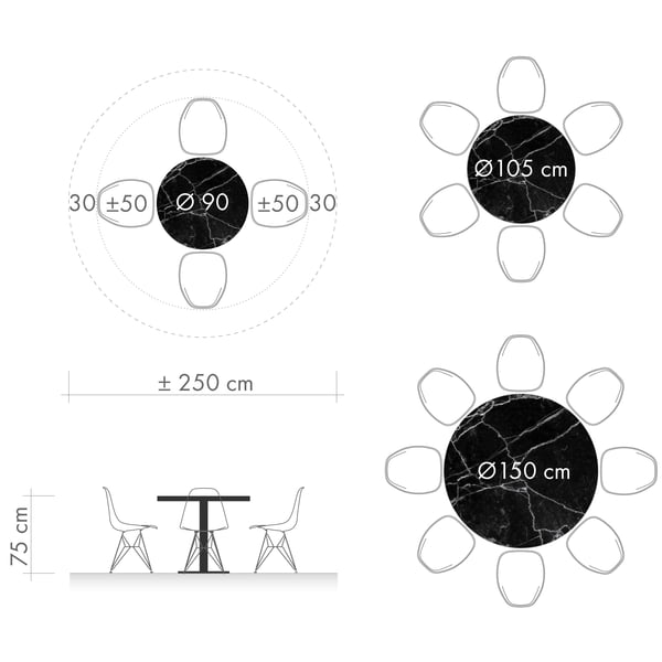 Tables de salle à manger graphique 3 - diamètre de la table ronde