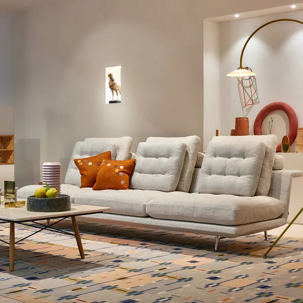 Vitra - Grand Sofà 3,5 places, affleurant des deux côtés, piètement en aluminium fonte injectée, poli / beige (Corsaro stone melange 05) (rembourrage fixé)